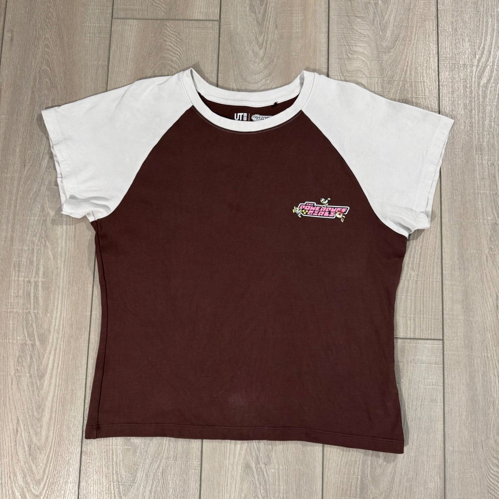 Uniqlo Powerpuff Girls T-Shirt Women XL Brown Raglan Graphic Tee 241-484494